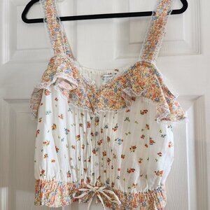 American Eagle Multi floral print lace cropped top with tie at bottom